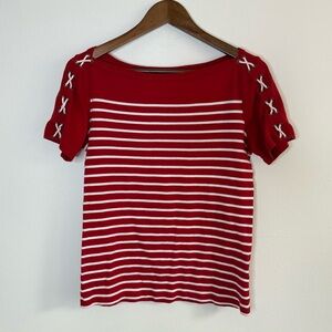 Lauren Ralph - Red White Striped Nautical Lace-Up Shoulder Top M